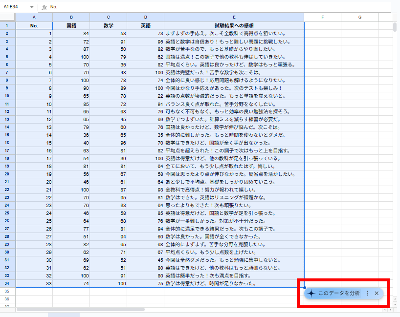 データ範囲を指定してデータを分析するイメージ