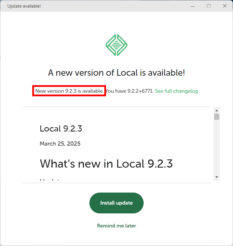 起動時に自動表示されるアップデーターのバージョン(9.2.3)