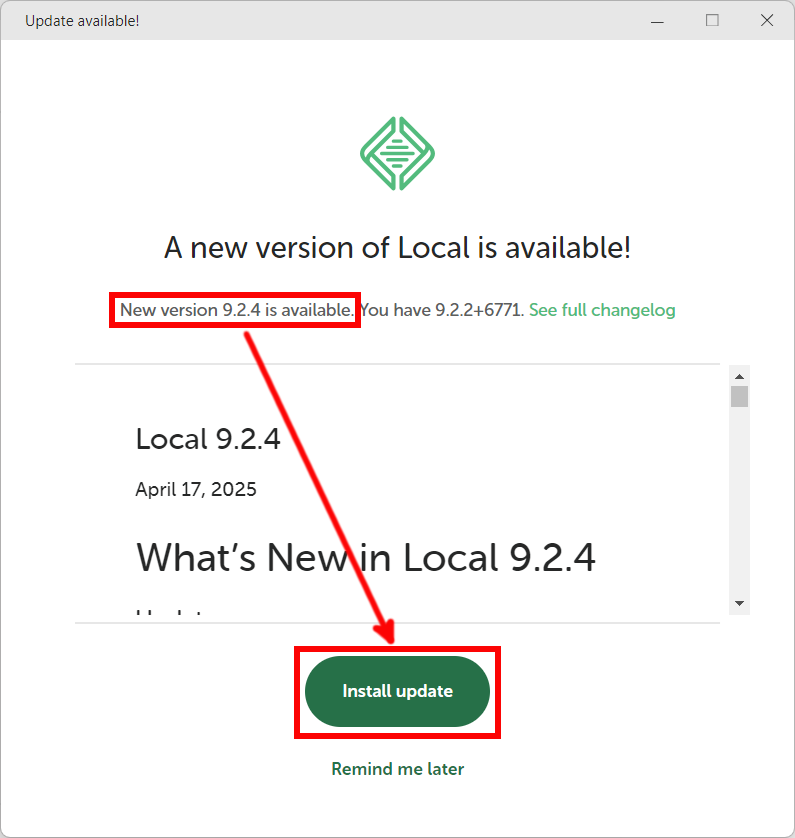 メニューから起動したアップデーターのバージョン(9.2.4)