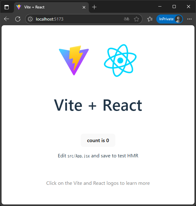 Vite + React の初期アプリケーションの表示イメージ