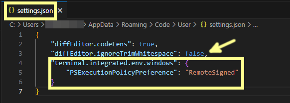 settings.json ファイルに追記するイメージ