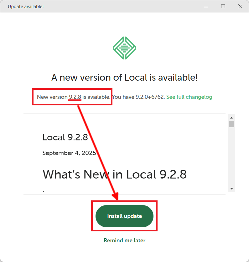 アップデーターのイメージ（Local 9.2.8 への更新）