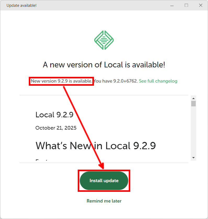 Local 9.2.9 へのアップデートのイメージ（アップデーター利用）