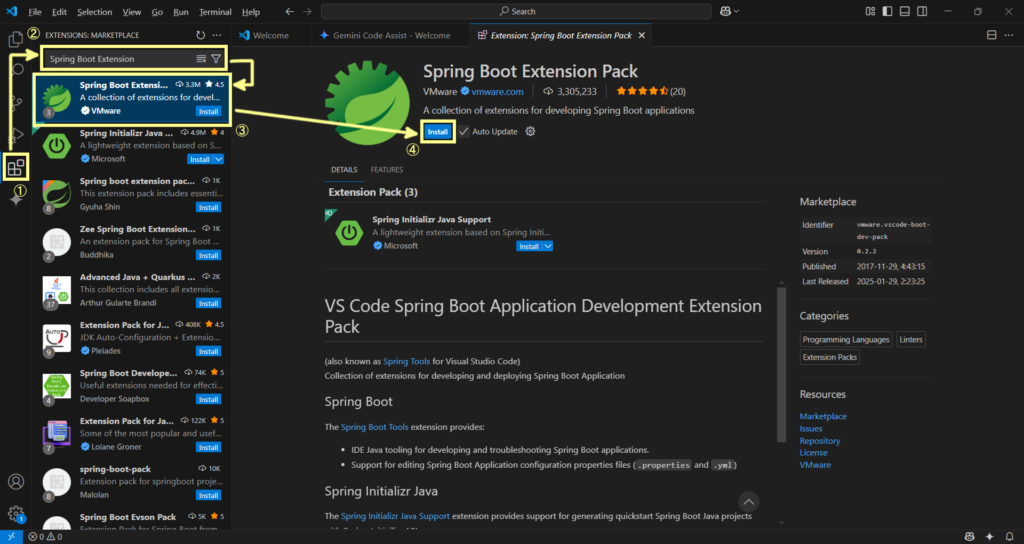 マーケットプレースでSpring Boot Extension Pack をインストール