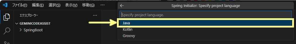 「Java」を選択