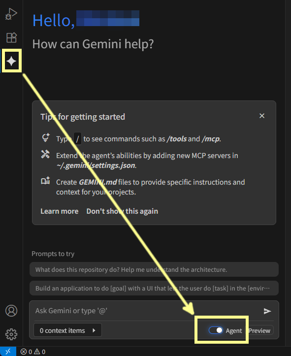 VSCode上でのエージェントモードの切り替え